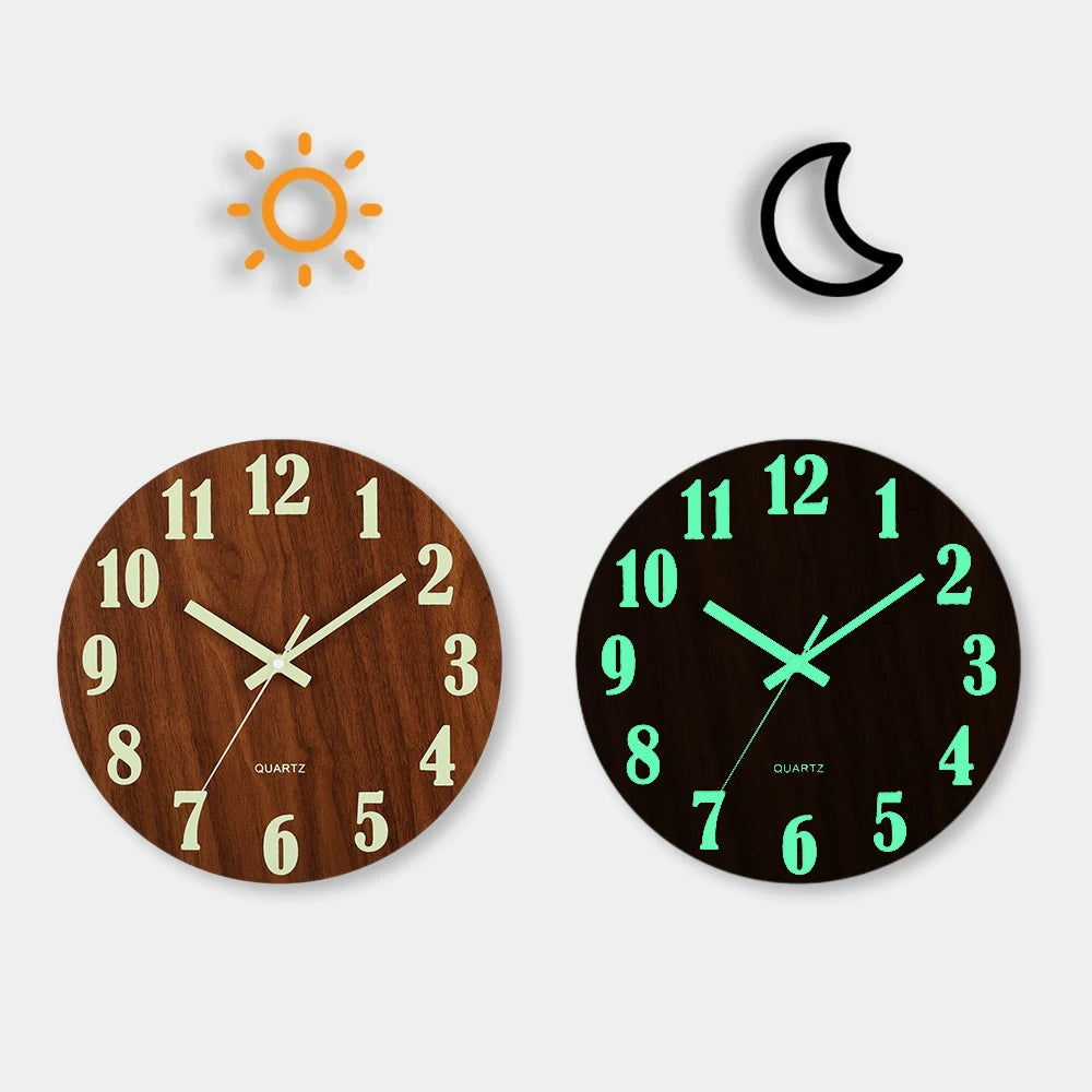 Luminous Wooden Wall Clock – Silent Glow-in-the-Dark Wall Clock