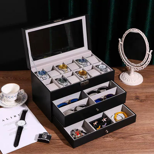Executive 3-Tier Watch, Sunglasses & Jewelry Storage Box – Black Leather Display Case