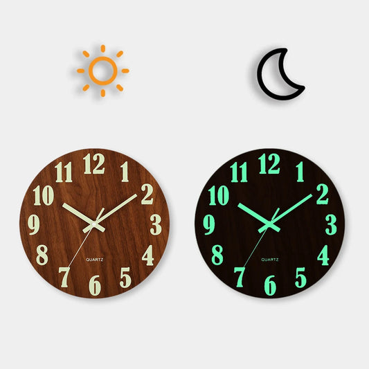 Luminous Wooden Wall Clock – Silent Glow-in-the-Dark Wall Clock