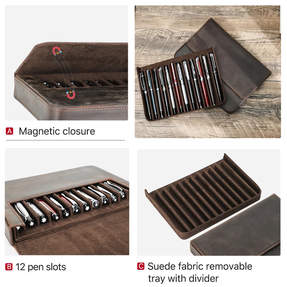 Executive Leather Fountain Pen Display Case – 12 Slot Collector Edition