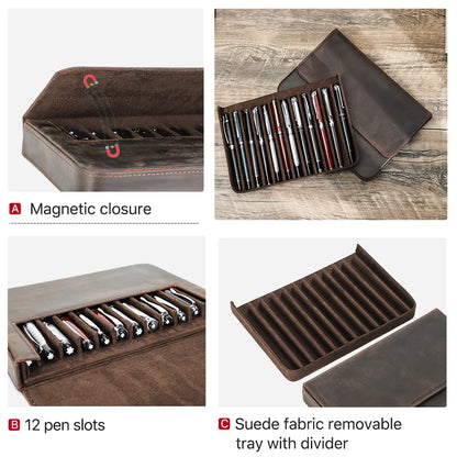 Executive Leather Fountain Pen Display Case – 12 Slot Collector Edition