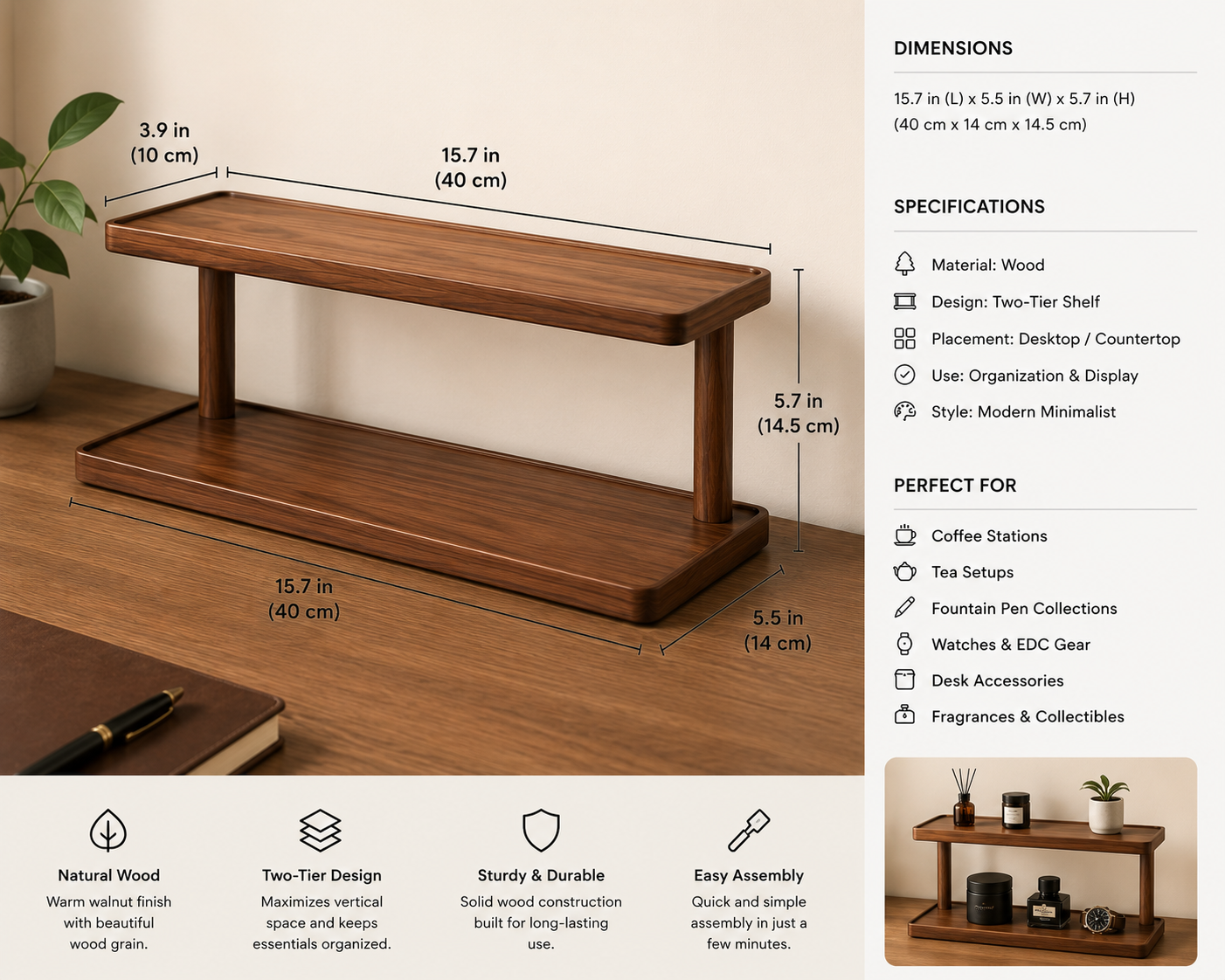 Walnut Display Shelf – Two-Tier Desk Organizer