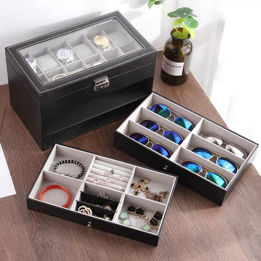 Executive 3-Tier Watch, Sunglasses & Jewelry Storage Box – Black Leather Display Case
