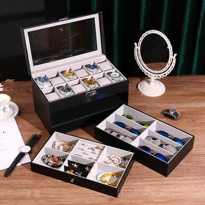 Executive 3-Tier Watch, Sunglasses & Jewelry Storage Box – Black Leather Display Case