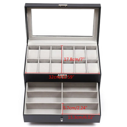 Executive 3-Tier Watch, Sunglasses & Jewelry Storage Box – Black Leather Display Case