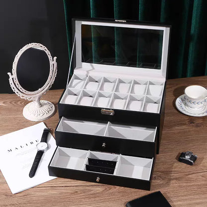 Executive 3-Tier Watch, Sunglasses & Jewelry Storage Box – Black Leather Display Case